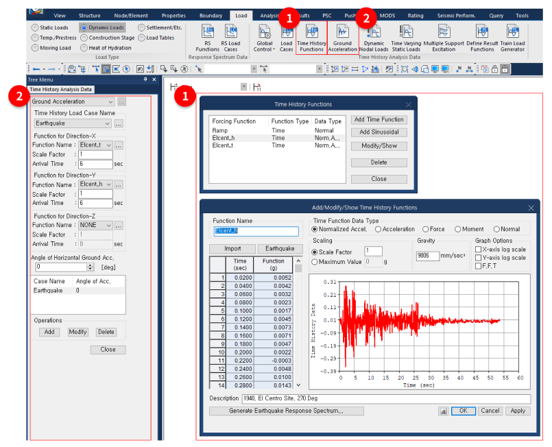 시간이력함수 정의(Time History Functions) 및 지반가속도 정의(Ground Acceleration)